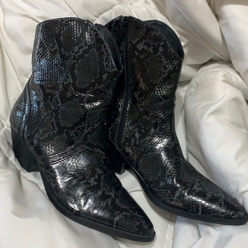 Black snakeskin patent leather booties